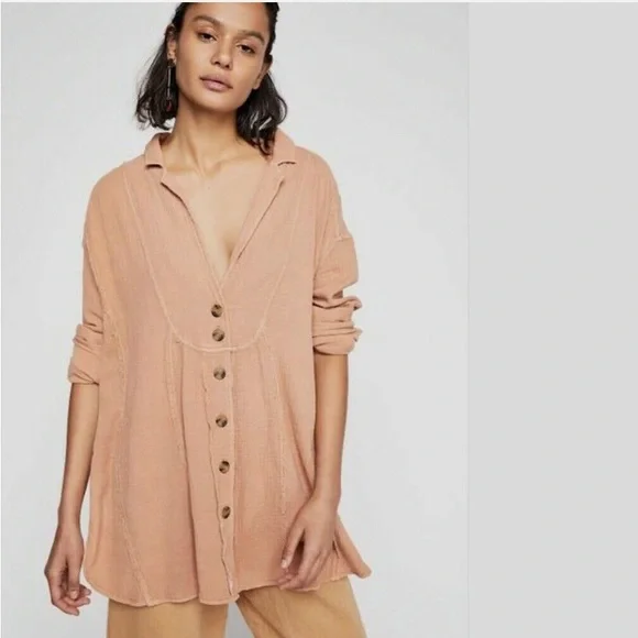 Free People Rusty Rose Mauve Gauzy Button Down Blouse Top Duster Jacket - Picture 2 of 8